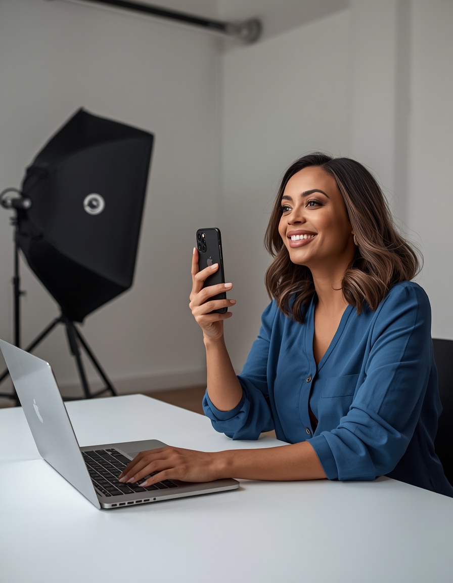 Digital influencer e criadora de conteúdo em ambiente profissional